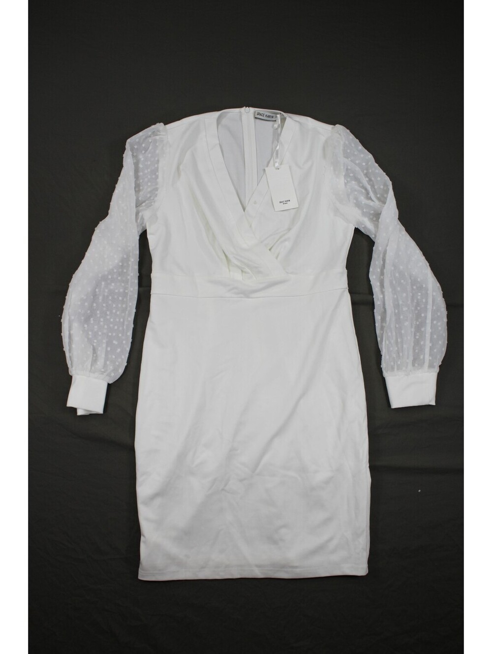 Elegant White Dress with Sheer Puff Sleeves, No size on tag
